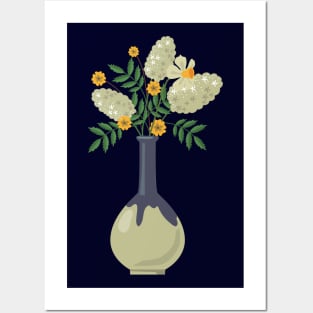 Vintage vase with yellow flowers Posters and Art